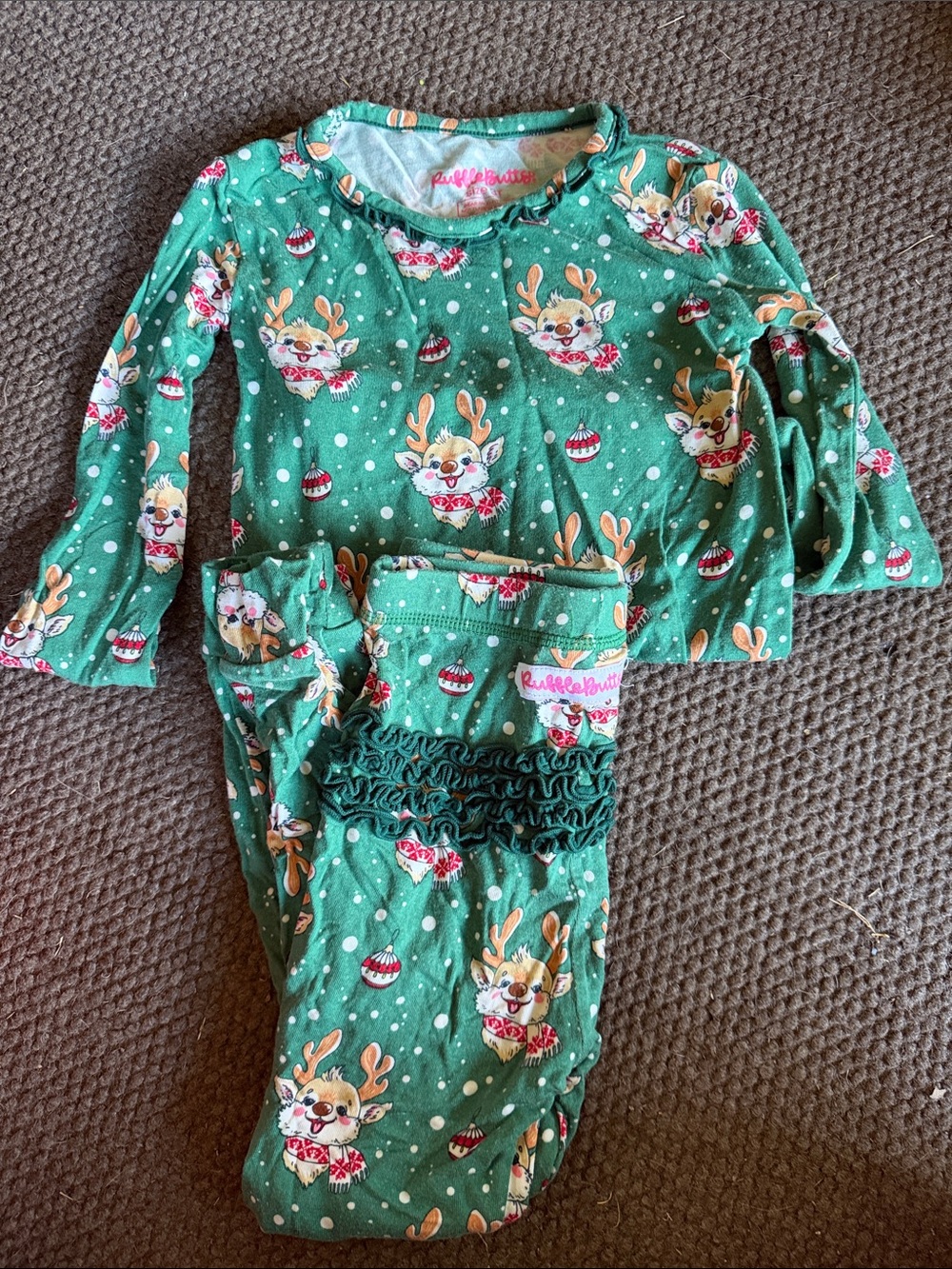 Ruffle Butts Green Reindeer Print Kids Pajama Set